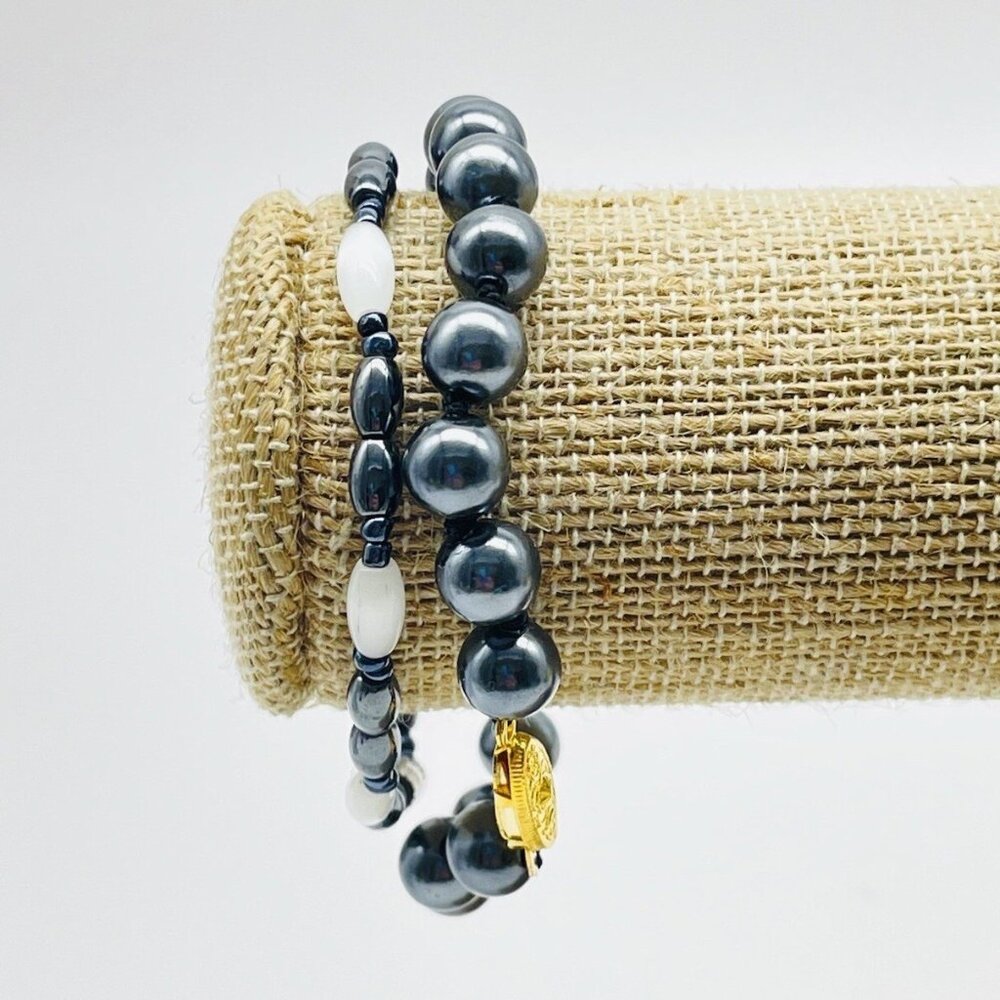 Hematite Beaded Bracelet Lot of 2 Freshwater Pearls Minimalist